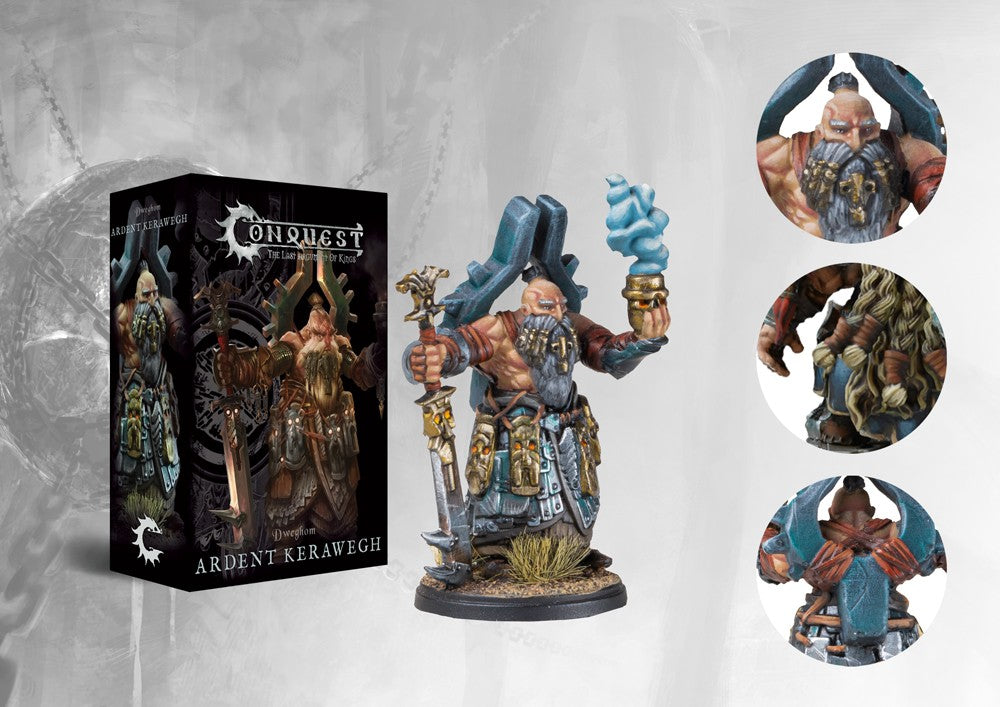 Box art and painted model display for the Conquest Dweghom Ardent Kerawegh Character, the elemental War-Priest wielding a giant sword and fire magic.