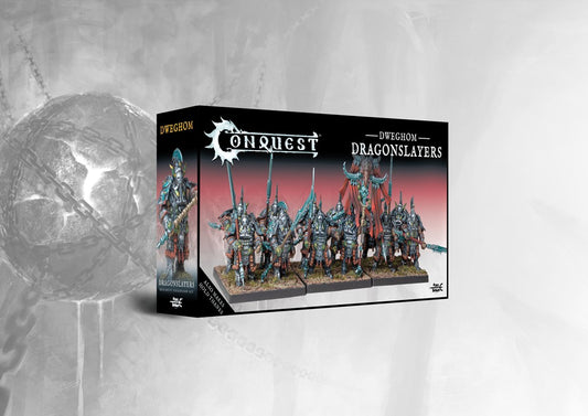 Box art for the Conquest Dweghom Dragonslayers Regiment Expansion Set (Dual Kit), featuring the heavily armored elite anti-monster infantry.