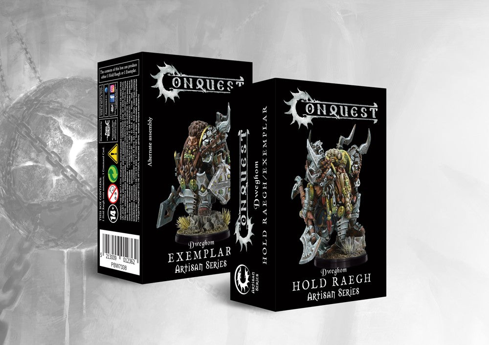 Box art for the Conquest Dweghom Exemplar / Hold Raegh Artisan Series Character, featuring a heavily armored dwarf commander with a large braided beard.