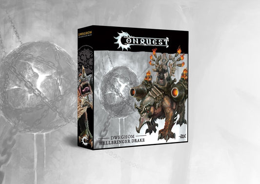 Box art for the Conquest Dweghom Hellbringer Drake Monster Expansion Set, featuring the large beast mounted with cannon barrels and a dwarf crew.