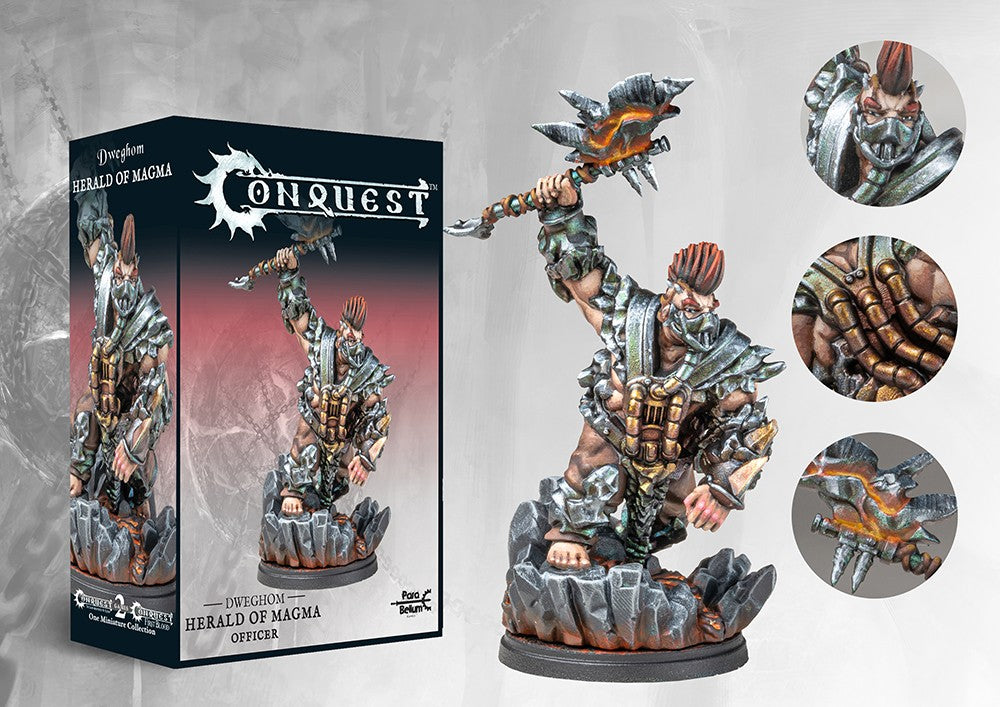 Box art and painted model display for the Conquest Dweghom Herald of Magma Officer, a heavily armored dwarf character wielding a large flaming maul.