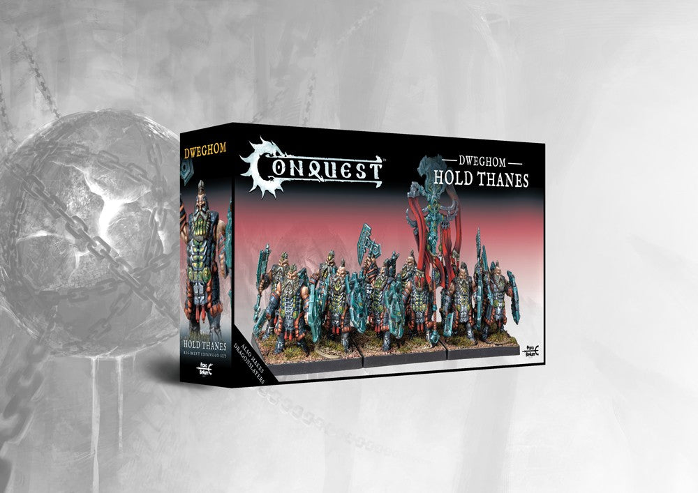 Box art for the Conquest Dweghom Hold Thanes Regiment Expansion Set (Dual Kit), featuring the heavily armored infantry unit (can also build Dragonslayers).