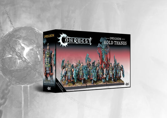 Box art for the Conquest Dweghom Hold Thanes Regiment Expansion Set (Dual Kit), featuring the heavily armored infantry unit (can also build Dragonslayers).