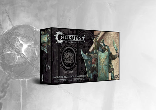 Box art for the Conquest Dweghom Hold Warriors / Hold Ballistae Dual Kit, a key Medium Infantry unit for the Dweghom army.