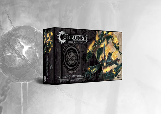 Box art for the Conquest Dweghom Inferno Automata Regiment Expansion Set (Dual Kit), featuring the fire-elemental automatic war machines.