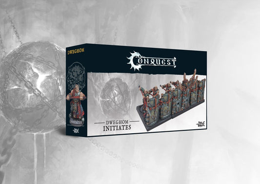 Box art for the Conquest Dweghom Initiates Regiment Expansion Set (Dual Kit), featuring core infantry behind a shield wall (can also build Hold Thanes).