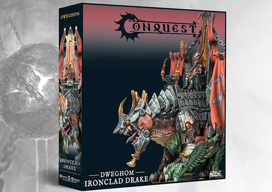 Box art for the Conquest Dweghom Ironclad Drake Monster Expansion Set, featuring the heavily armored, hostile dinosaur with its dwarf commander.
