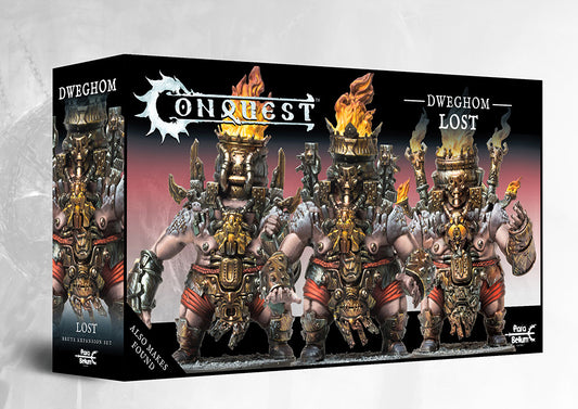 Box art for the Conquest Dweghom Lost (Dual Kit) Brute Expansion Set, featuring the terrifying, fire-crowned Lost models, which can also be assembled as the Found unit.