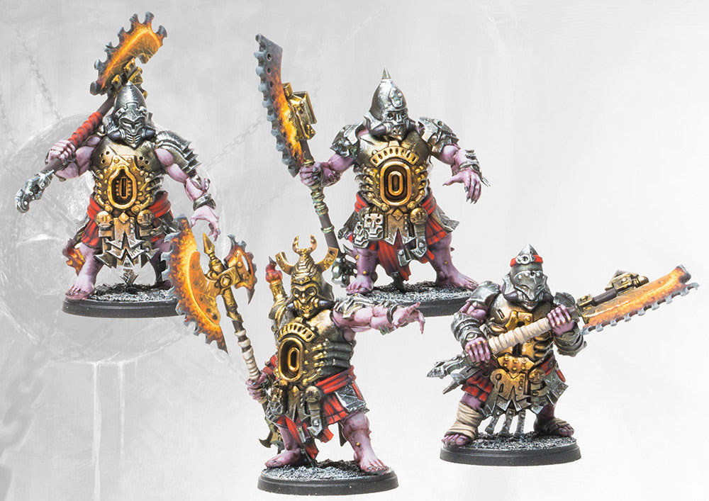 Four individual painted Dweghom Magmaforged miniatures, showing heavily armored warriors with large magma-wreathed chain weapons.