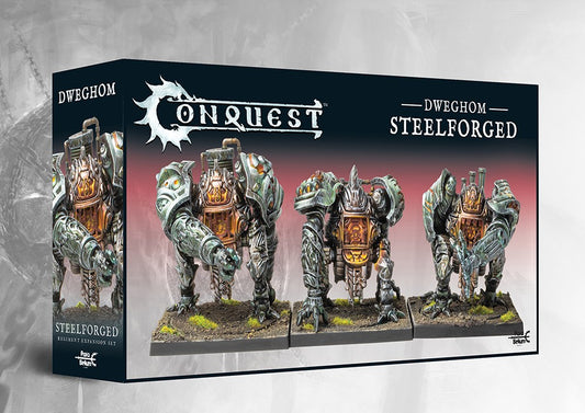 Box art for the Conquest Dweghom Steelforged Regiment Expansion Set, featuring the heavily armored metal automatons (can also be built as Inferno Automata).