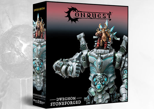 Box art for the Conquest Dweghom Stoneforged Monster Expansion Set, featuring the huge elemental automaton piloted by a dwarf.