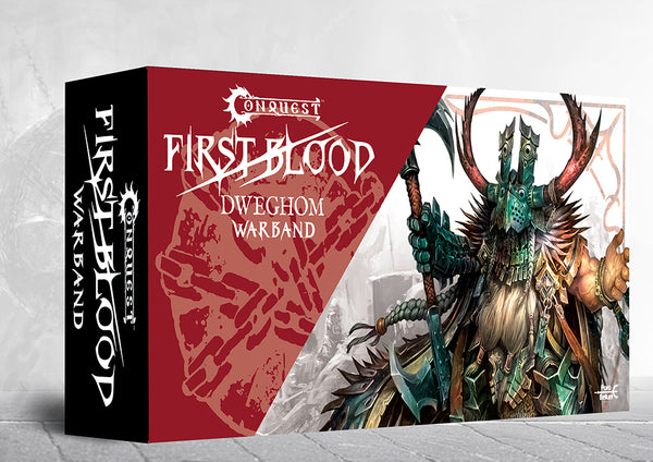 Box packaging for the Conquest Dweghom Warband 2026 First Blood New Edition containing plastic miniatures dice and 3D terrain. Christchurch NZ.