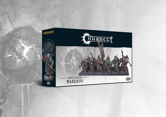 Box art for the Conquest Dweghom Wardens Regiment Expansion Set (Dual Kit), featuring heavy infantry in dark armor with a flaming banner.
