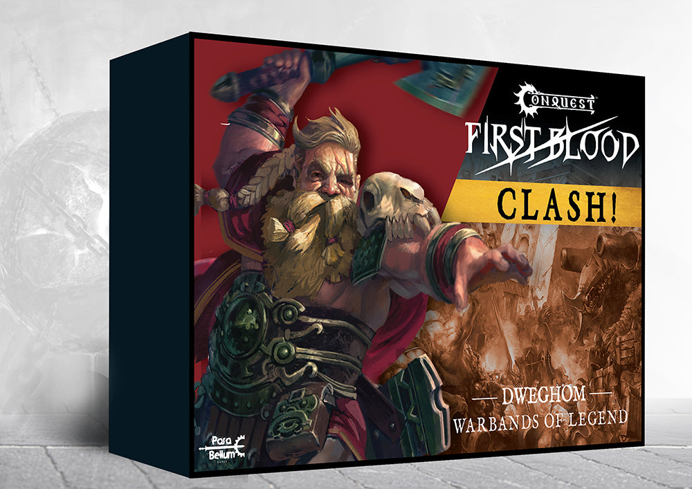 Front box art packaging for the Conquest: First Blood Clash! Warbands of Legend Dweghom army set.