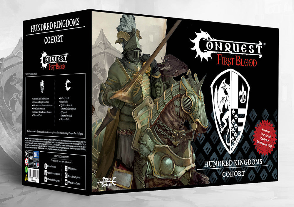 The box art for the Conquest: First Blood starter set, the Hundred Kingdoms Cohort, featuring a heavily armored knight on a barded warhorse.