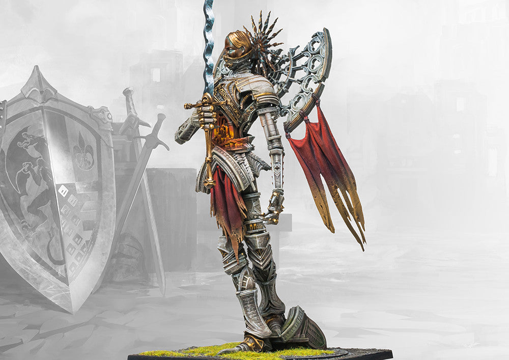 A studio-painted miniature of the Conquest Hundred Kingdoms Archangel, a towering mechanical construct with a sunburst halo and a large, flowing sword.