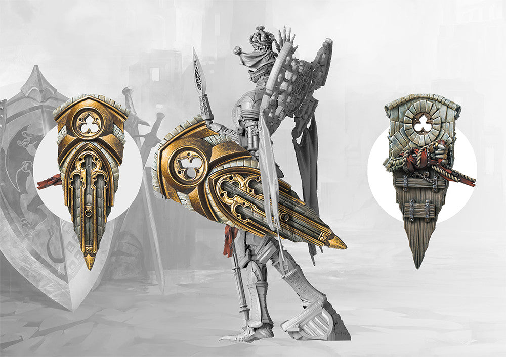 The optional shield components for the Conquest Archangel model, showing both an ornate parade shield and a battle-damaged shield.