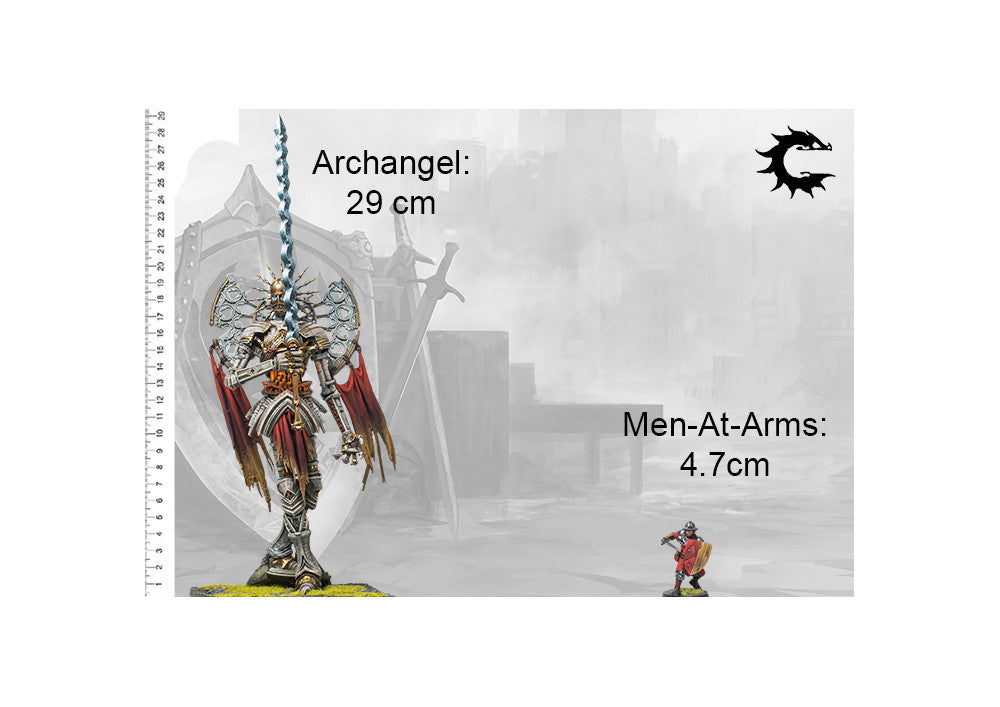 A size comparison image showing the massive 29cm tall Conquest Archangel miniature next to a standard 4.7cm Men-at-Arms miniature.