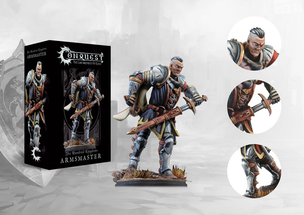 The product box for the Conquest Hundred Kingdoms Armsmaster, shown next to the painted miniature of the veteran warrior and close-up detail shots.