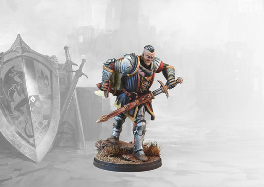 A studio-painted miniature of the Conquest Hundred Kingdoms Armsmaster, a scarred veteran warrior in plate armor drawing his greatsword.