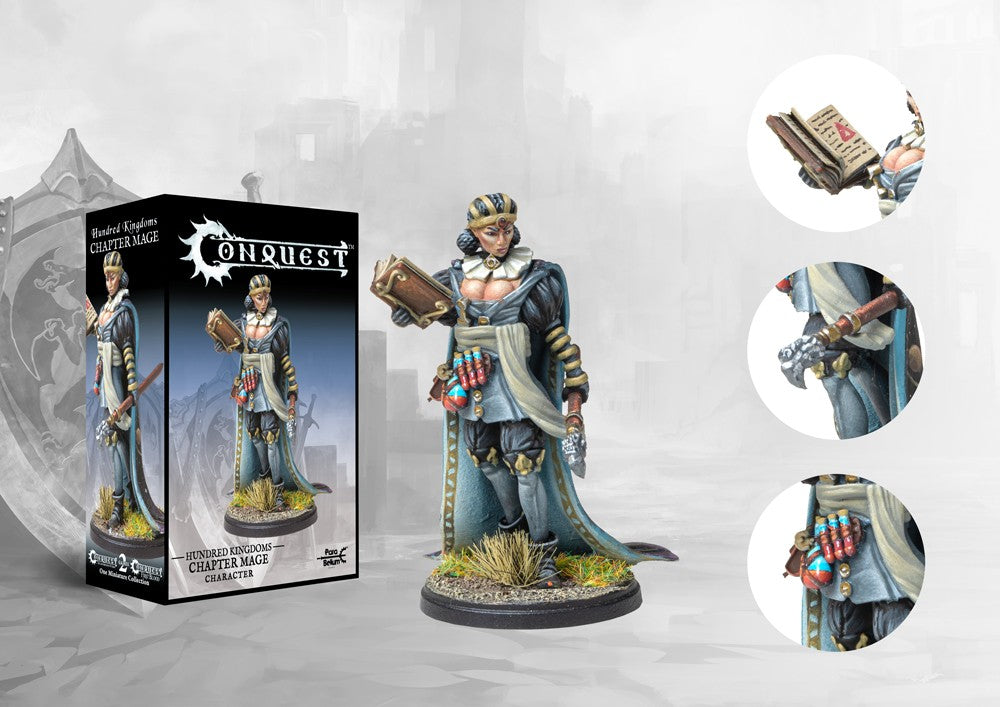 Retail box and painted miniature of a Hundred Kingdoms Chapter Mage for Conquest, featuring detail insets of her spellbook, potions, and staff.