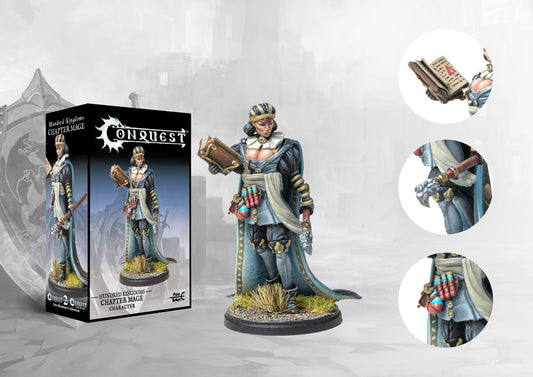Retail box and painted miniature of a Hundred Kingdoms Chapter Mage for Conquest, featuring detail insets of her spellbook, potions, and staff.