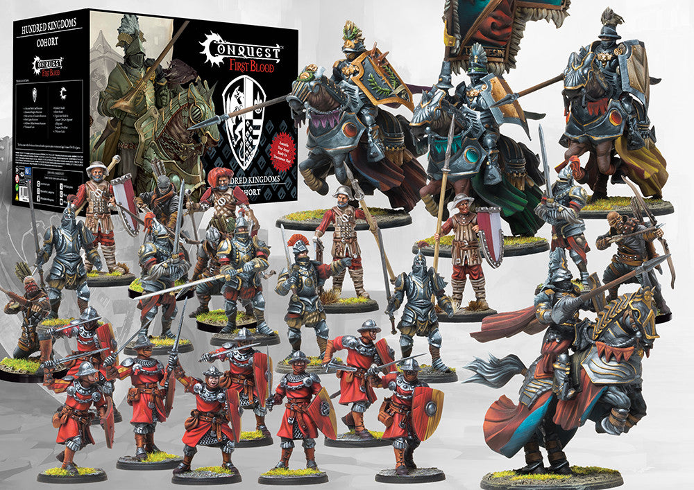 All the painted miniatures from the Conquest: First Blood Hundred Kingdoms Cohort starter set, including Household Knights, Men-at-Arms, and Mercenary Crossbowmen.