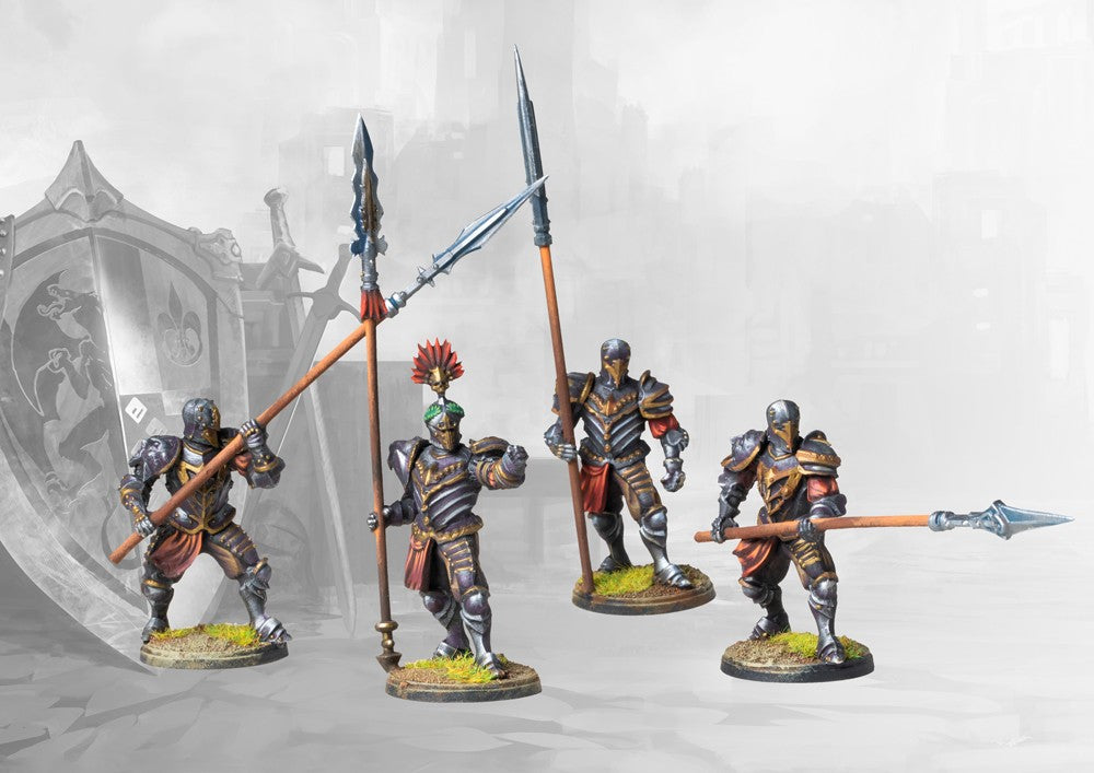 Four studio-painted miniatures of the Conquest Hundred Kingdoms Gilded Legion, showcasing the dynamic poses of the heavy infantry models.