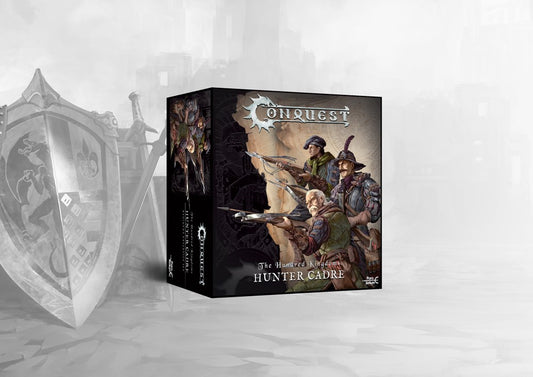 The product box for the Conquest Hundred Kingdoms Hunter Cadre, showing artwork of the crossbow-armed monster hunters.