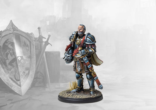 A studio-painted miniature of the Conquest Hundred Kingdoms Imperial Officer, a veteran commander in ornate plate armor holding his helmet.