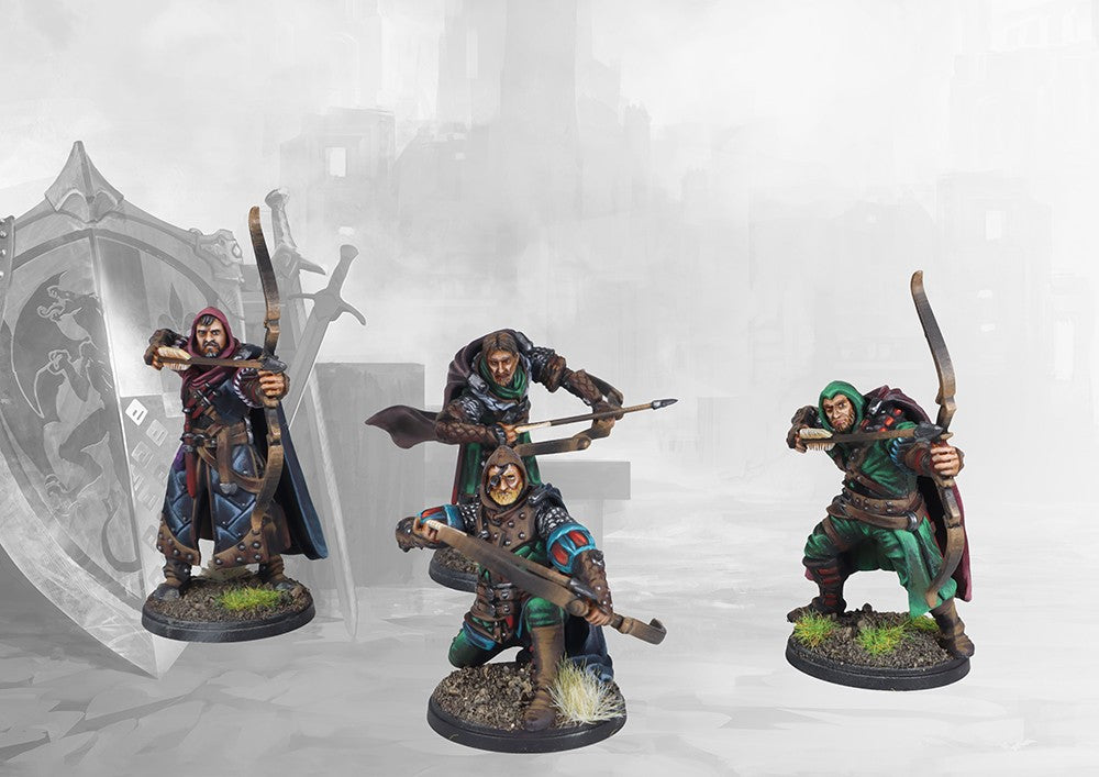 Four studio-painted miniatures of the Conquest Imperial Rangers, showcasing the dynamic archery poses available in the kit.