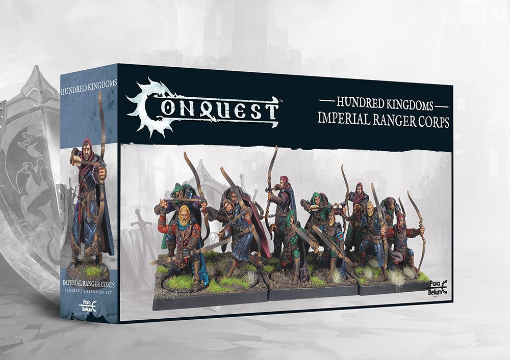 The product box for the Conquest Hundred Kingdoms Imperial Ranger Corps, showing a regiment of painted archer miniatures on the front.