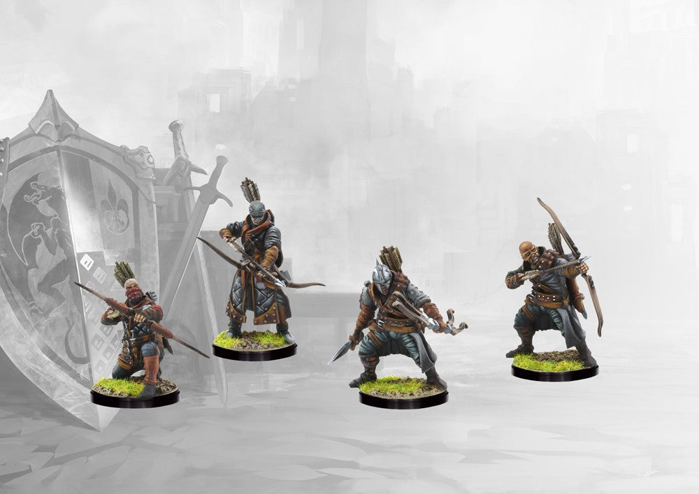 Four studio-painted miniatures of the Conquest Hundred Kingdoms Longbowmen, showcasing the various dynamic archery poses.