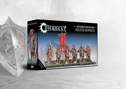 The product box for the Conquest Hundred Kingdoms Militia Bowmen, showing a unit of painted archer miniatures on the front.