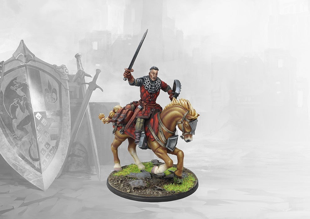A painted miniature of a Conquest Hundred Kingdoms Mounted Squire champion, shouting and raising his sword.