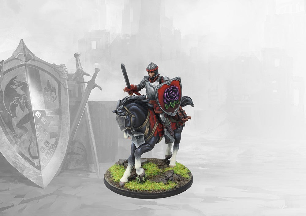 A painted miniature of a Conquest Hundred Kingdoms Mounted Squire wearing a helmet and carrying a shield decorated with a rose.