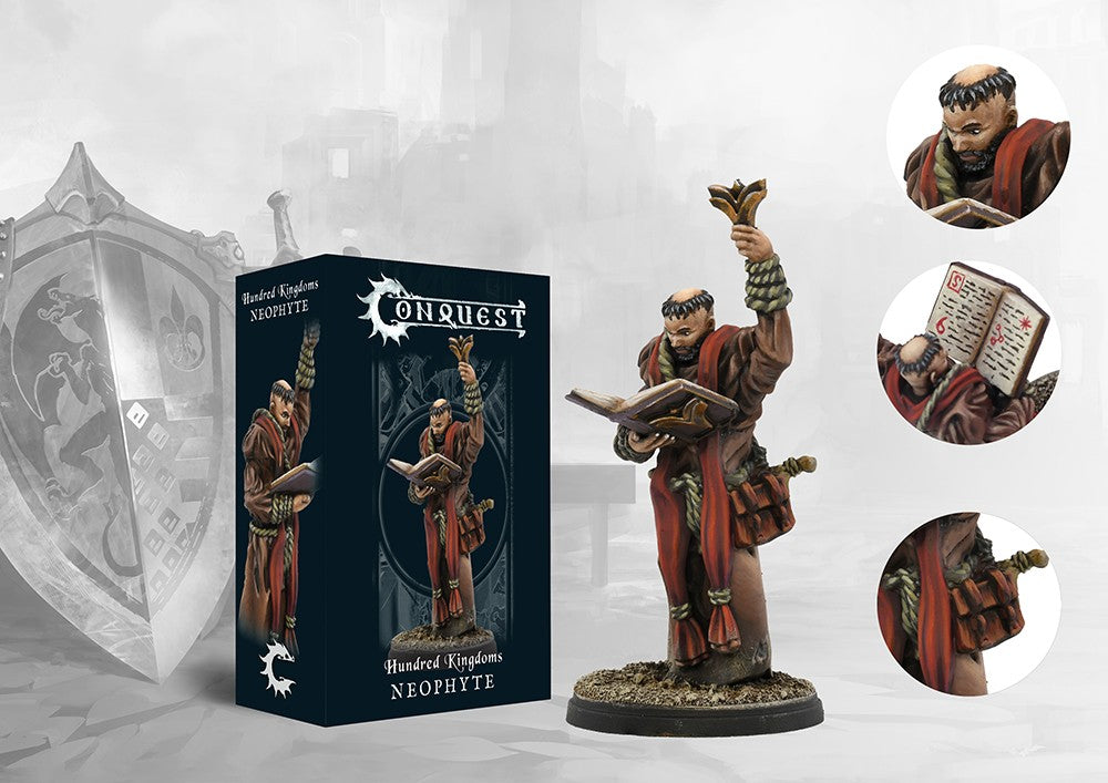 The product box for the Conquest Hundred Kingdoms Neophyte, shown next to the painted miniature of the religious figure and close-up detail shots.