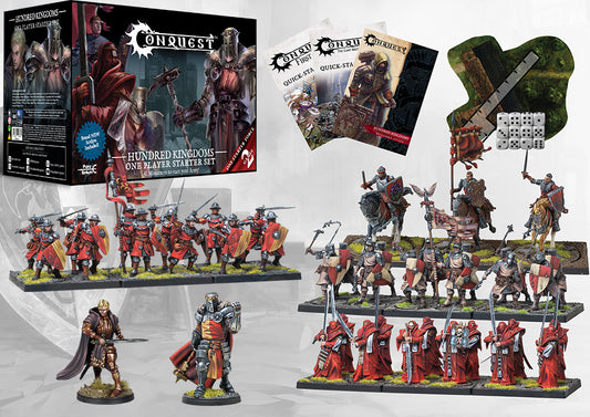 The full contents of the Conquest: Hundred Kingdoms One Player Starter Set, showing all 41 painted miniatures, the box, dice, and quick-start guides.
