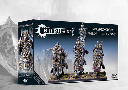 The product box for the Conquest Hundred Kingdoms Order of the Ashen Dawn, showing a unit of ornately armored premium heavy cavalry miniatures.
