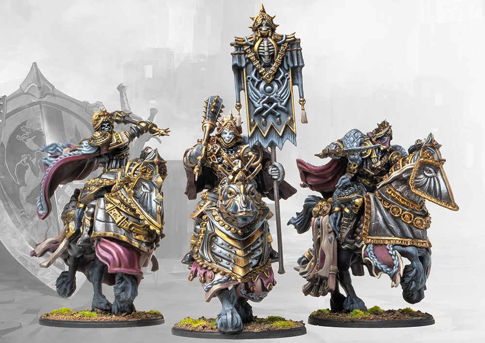 Three studio-painted miniatures of the Conquest Order of the Ashen Dawn, showcasing the dynamic poses of the highly detailed command group.