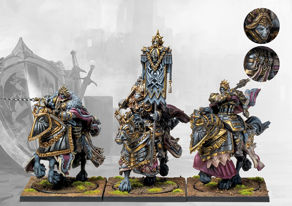 A studio-painted unit of three Conquest Order of the Ashen Dawn miniatures, with close-up inset images showing details of the faces and helmets.