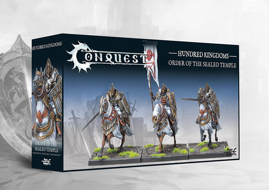 The product box for the Conquest Hundred Kingdoms Order of the Sealed Temple, showing three painted heavy cavalry knight miniatures on the front.