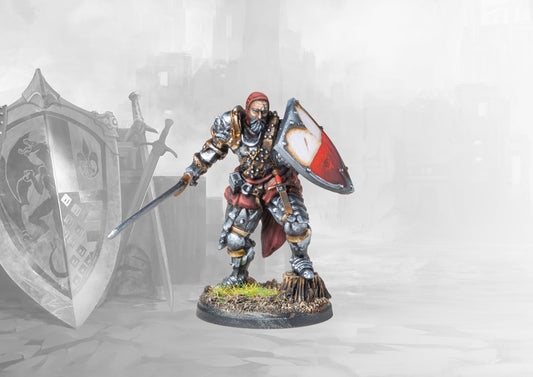 A studio-painted miniature of the Conquest Hundred Kingdoms Seasoned Veteran, a hooded warrior in plate armor with sword and shield.