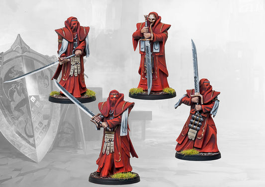 Four studio-painted Conquest Hundred Kingdoms Sicarii miniatures, showcasing the different dynamic poses of the red-robed warriors and their greatswords.
Title Tag: Conquest: Hundred Kingdoms Sicarii | Charon Games NZ