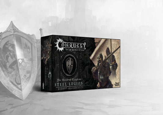 The product box for the Conquest Hundred Kingdoms Steel Legion, showing artwork of the heavily armored infantry.