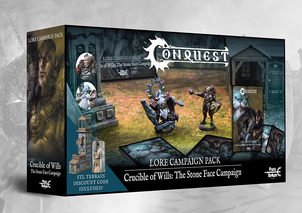 The box art for the Conquest Lore Campaign Pack, "Crucible of Wills: The Stone Face Campaign," showing the two exclusive miniatures, cards, and other contents.