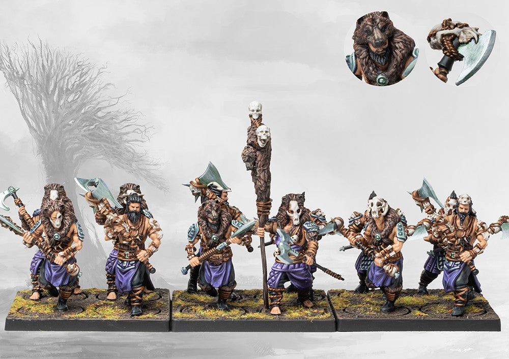 Conquest Nords Bearsarks heavy plastic infantry miniatures assembled on tactical movement stands. Christchurch, NZ.