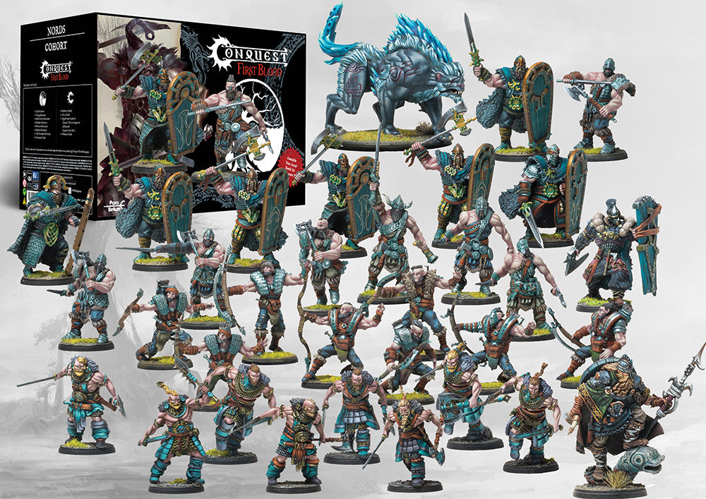Conquest Nords Cohort Starter Set box showing 35 miniatures, movement stands, and gaming guides. Christchurch, NZ.