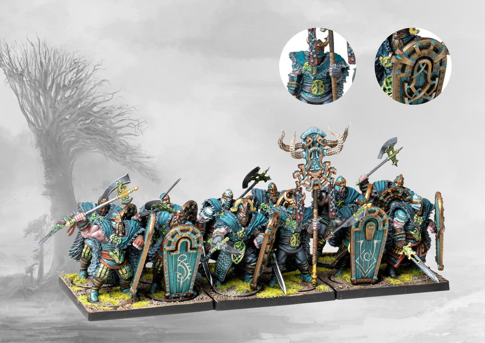 Conquest Nords Huskarls heavy plastic infantry miniatures assembled on rank-and-file movement stands. Christchurch, NZ.