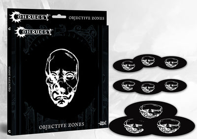 : Set of 9 Conquest Objective Zones with the white Spires Faction skull logo on black markers, an ultra-thin gaming accessory set for Conquest: The Last Argument of Kings.